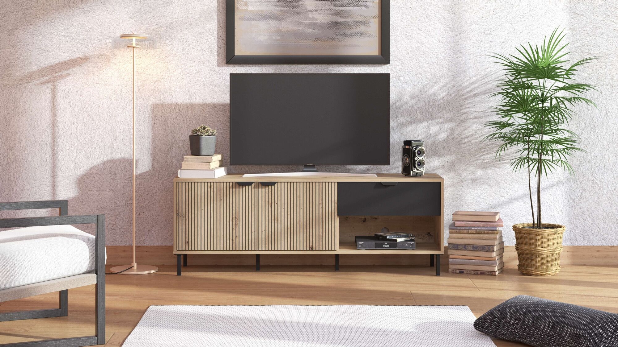 Lowboard HOME AFFAIRE "Mayenne TV-Lowboard, Breite 150 cm, TV-Schrank, TV-Ständer", braun (artisan eiche), B:150,5cm H:54,5cm T:40cm, Sideboards, Lowboard, TV-Kommode mit dekorativen schwarzen Streifen, in Artisan Eiche artisan eiche B/H/T: 150,5cm x 54,5
