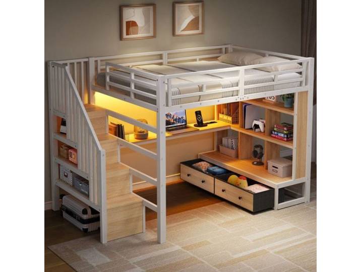 Lit Mezzanine Adulte Métal 140x200 cm Lit Double Bureau de Travail 2 Tiroirs et Escalier à Rangement avec LED O.Ye LIT MEZZANINE