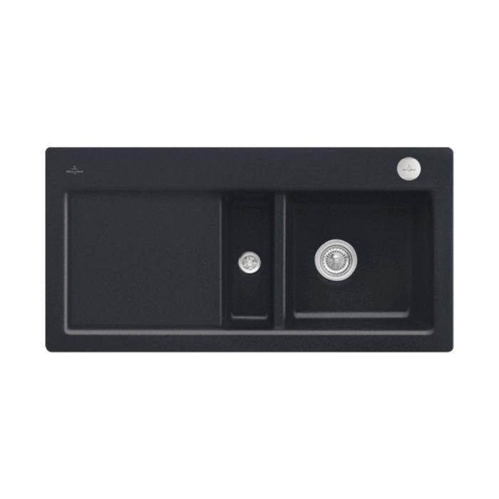 Villeroy und Boch Subway Flächenbündige Spüle 67122FS5 Becken rechts, mit Ablaufgarnitur und Excenterbetätigung, Ebony