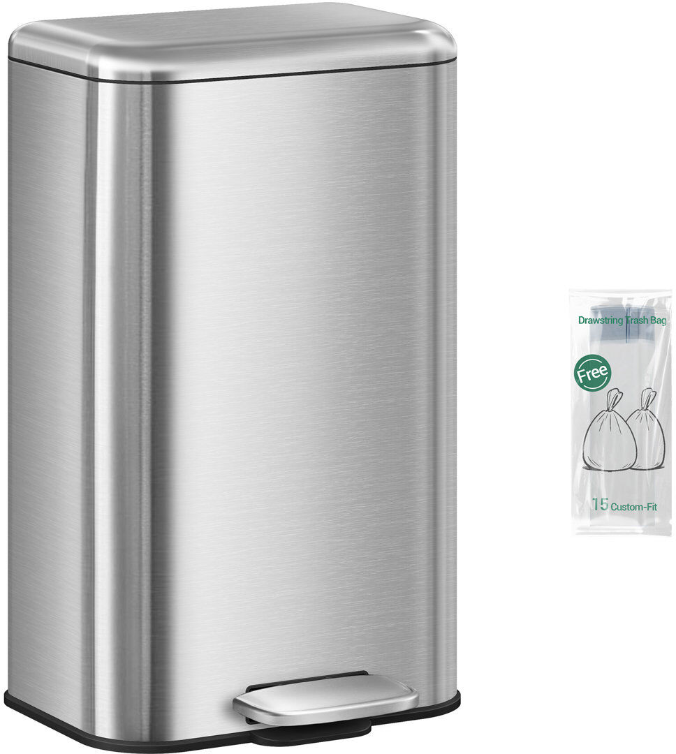 Hzuaneri Kitchen Bin 30L, Recycling Bins for Kitchen, Stainless Steel Rubbish Bin with Soft-Close Lid, Pedal Bins with Handle, Removable Inner Bucket, 15 Bin B Silver 30L