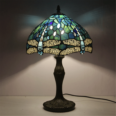 Cozy Casa Charm Dragonfly Tiffany Table Lamp, Stained Glass Desk Light, Retro Brass Resin Base For Living Room Decor sea Blue Dragonfly