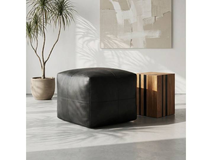Pouf Tenna 50 × 50 × 45 cm - Echtleder Schwarz