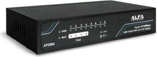 ALFA Network 8-poorts desktop Ethernet-switch met 4xPoE, 10/100 Mbps, energiezuinig