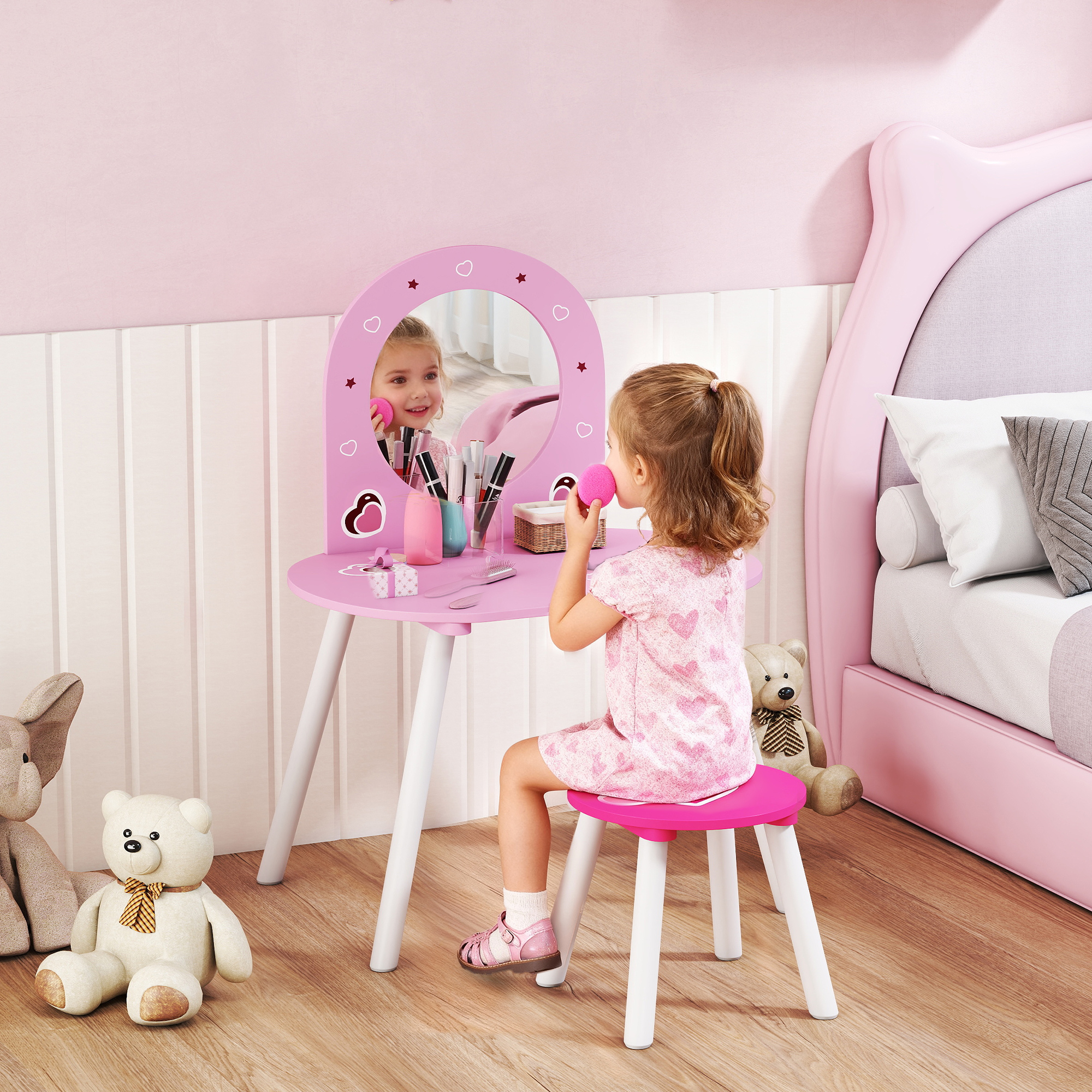 Aiyaplay Set Toeletta Trucco Bambina 3-6 Anni con Sgabello, Specchio Infrangibile, Design con Cuori, Rosa   Aosom Italy