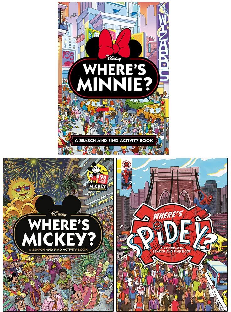 Studio Press Search and Find Activity Book Collection 3 Books Set (Where's Mickey?, Where's Minnie?, Where's Spidey?)