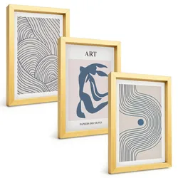 BILDER SET 3er Set - 20x30 cm Goldrahmen - Abstrakte blaue Linien
