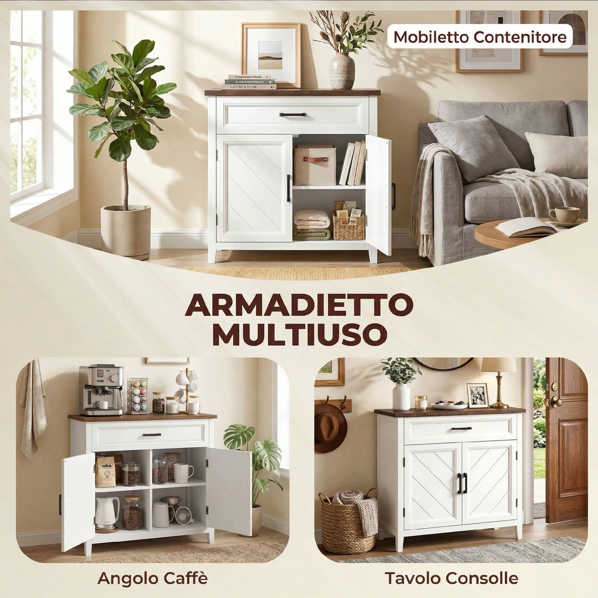 giordanoshop Credenza Moderna Stile Rustico 76x35x80 cm con 2 Ante in MDF Bianco...