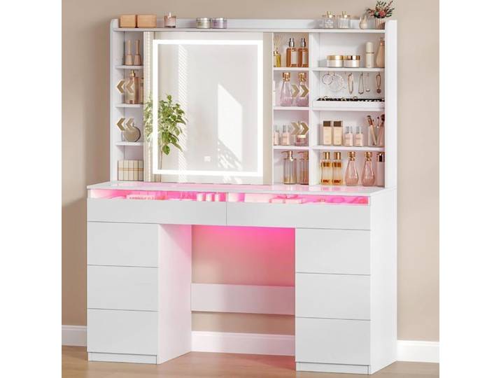 Grande Coiffeuse avec éclairage RGB réglable et Plateau en Verre - Coiffeuse avec Grand Miroir 8 tiroirs et 9 Compartiments Blanc