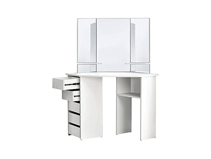 ML-Design Eckschminktisch Weiß, Frisiertisch mit 3 Spiegeln, 5 Schubladen und 3 Ablagefächern, 110x141,5x54 cm, Kosmetiktisch für Damen und Mädchen, Frisierkommode aus MDF Holz, Kommode Make-up Tisch