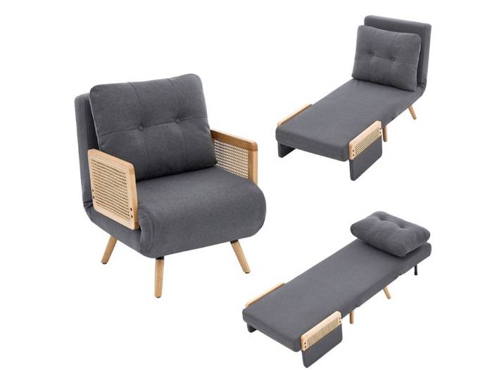 Fauteuil Convertible 3 en 1 avec Couchage Fauteuil Relax Pliant avec Lit d'Appoint Dossier 5 Positions Lin et Rotin - Gris