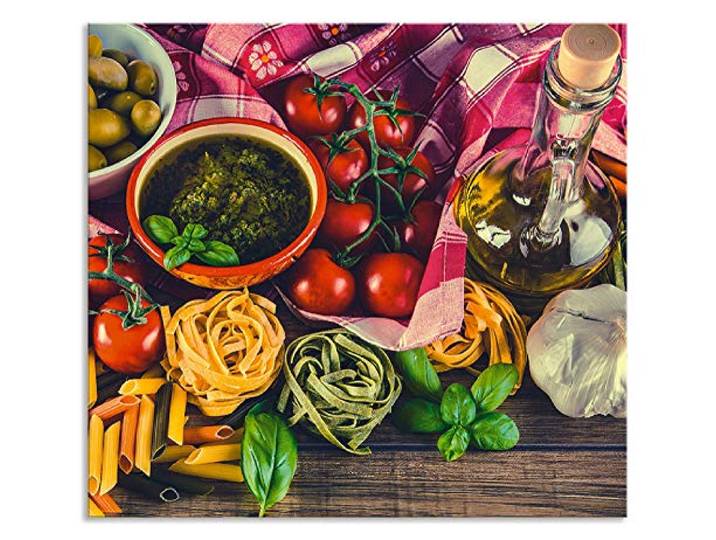 ARTland Spritzschutz Küchenrückwand aus Alu für Küche Herd Spüle 60x55 cm (BxH) mit Motiv Essen Lebensmittel Italien Pasta Gemüse Tomaten Mediterran S7SL