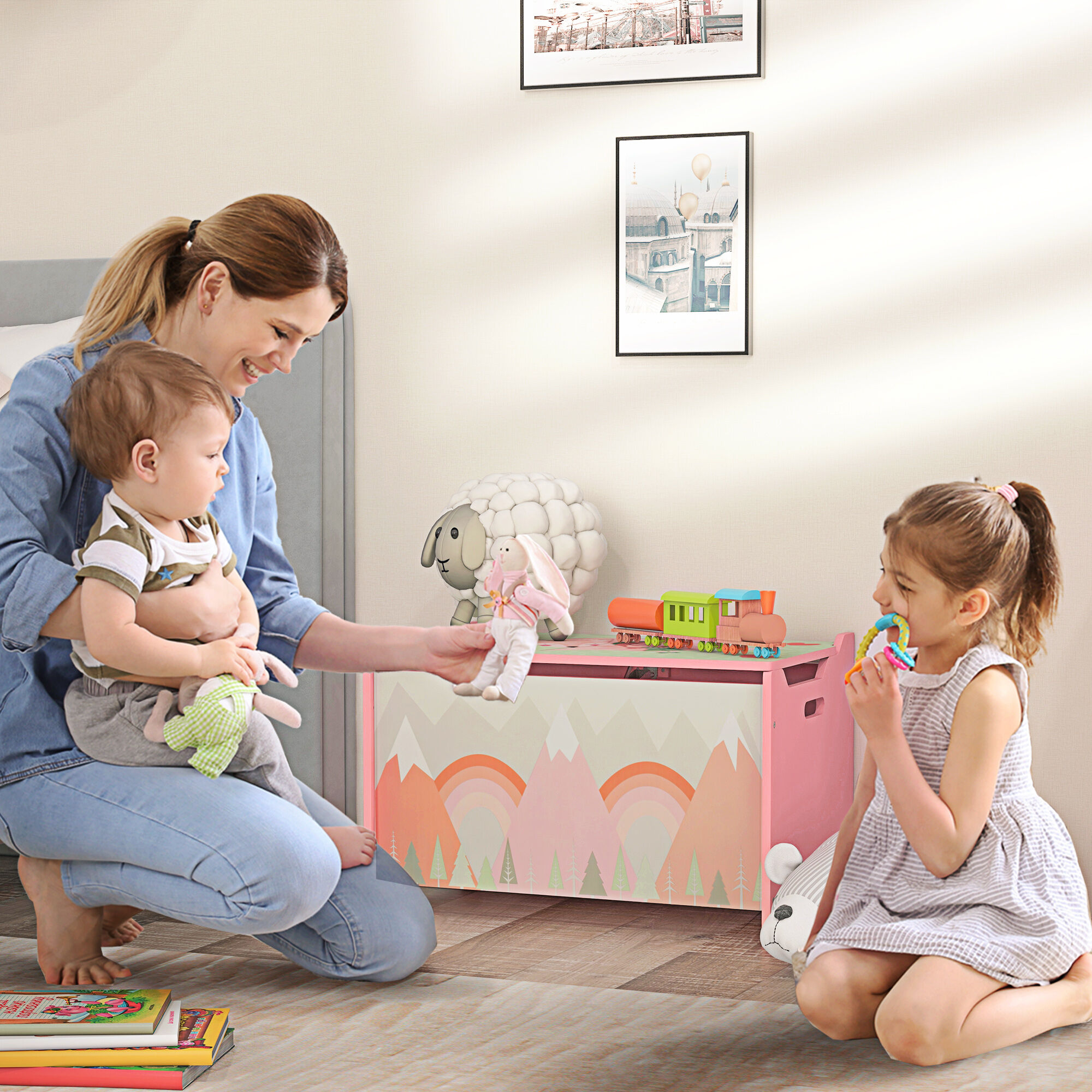 Altro Baule Portagiochi Per Bambini Con Coperchio E Cerniera Di Sicurezza In Mdf, 60x37x39cm, Rosa