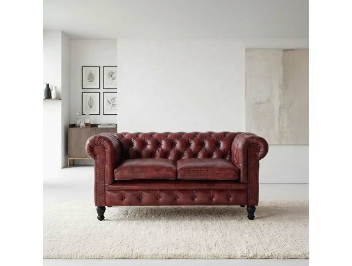 Canapé Chesterfield en cuir véritable bordeaux 2 places - Edward