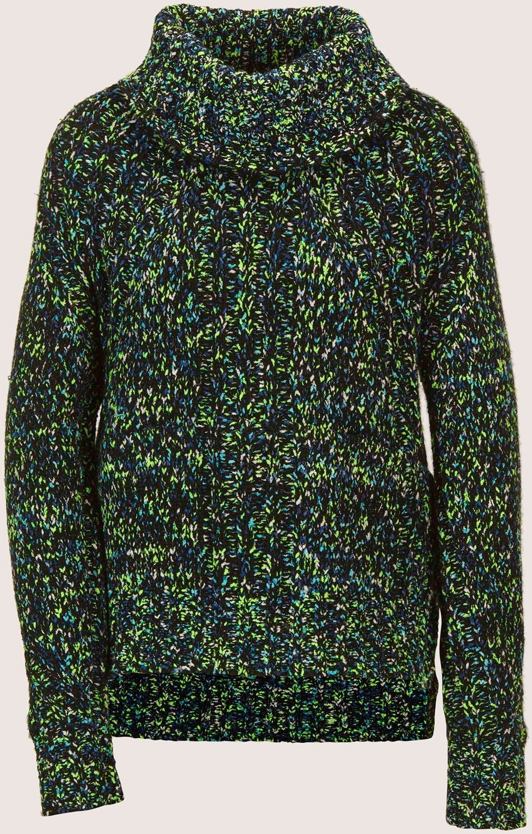 Longpullover MADELEINE "Strickpullover Moderner Winterpullover mit Rollkragen", Damen, Gr. 40/42, blau (marine, türkisblau, multicolor), Obermaterial: 50% Polyester PES. 50% Schurwolle WV., Modern, Rollkragen, Pullover Longpullover, Multicolor-Garn