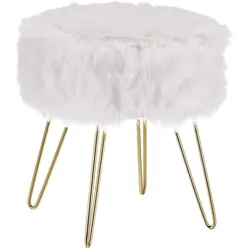 Relaxdays Fellhocker, Kunstfell, Metallgestell, rund, flauschig, eleganter Schminktischhocker, HxD 40 x 38 cm, weiß/gold