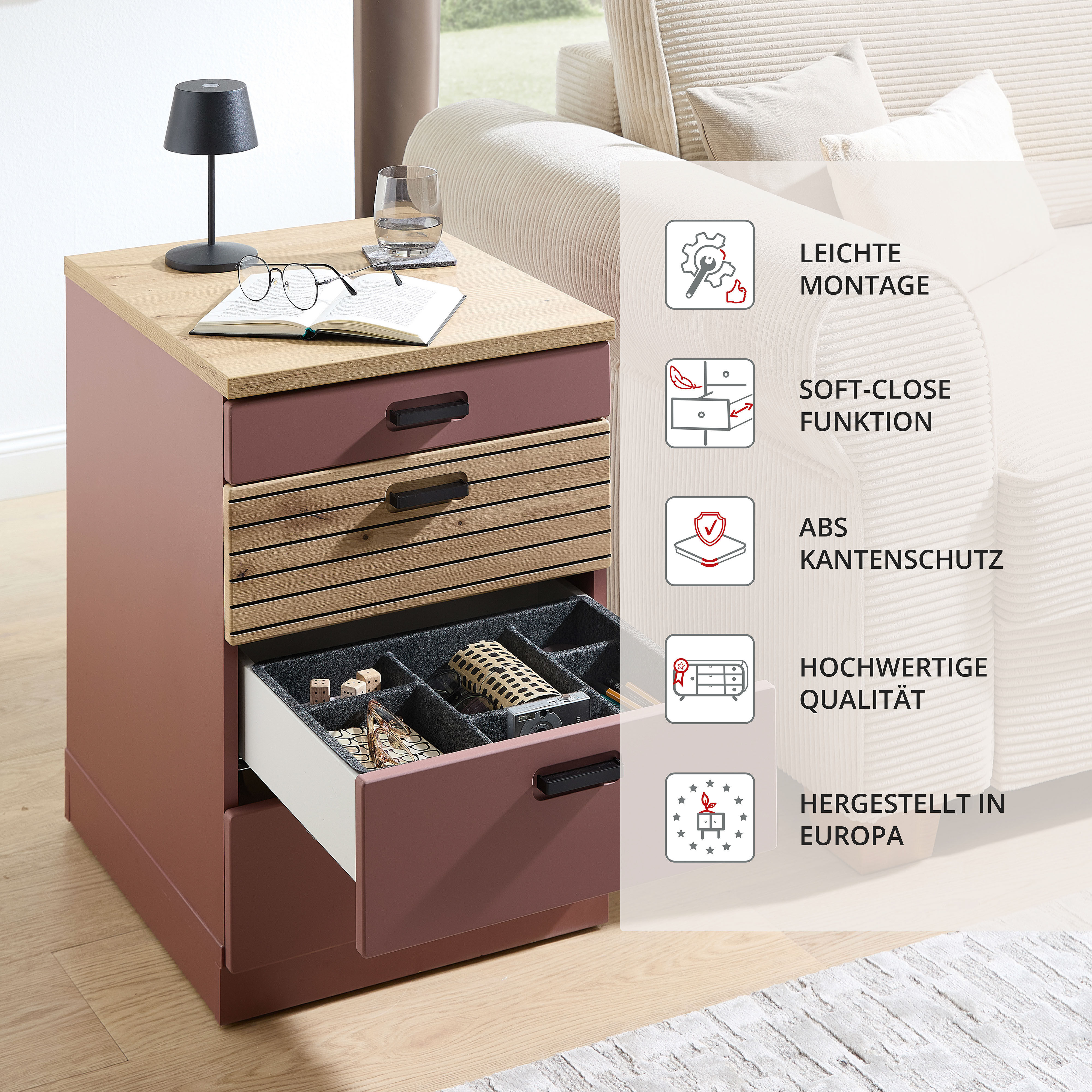 Rollcontainer INNOSTYLE "Rollcontainer Glenn, 45 x 66 x 55 cm (B/H/T)", rosa (rusty rot, artisan), B:45cm H:66cm T:55cm, Holzwerkstoff, Kunststoff, MDF, Rollwagen, Rollcontainer, inkl. Filzeinlage, 4 Rollen(2 mit Bremsen) oder Sockel, SK Soft-Close