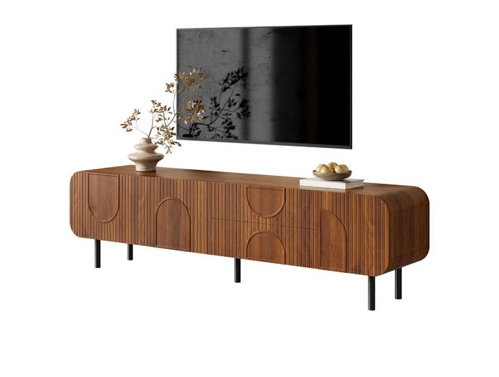 Flieks Tv-Schrank Mid Century 3 Türen 2 Schubladen Metallbeine, Walnussfarben, 40x47.5x180 cm, Wohnzimmer, TV Möbel, Lowboards, Lowboards stehend