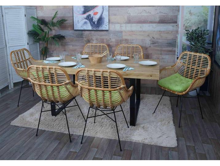 6er-Set Esszimmerstuhl HWC-P17, Küchenstuhl Korbstuhl Rattansessel Rattanstuhl Stuhl, Kubu Rattan Metall Polster grün