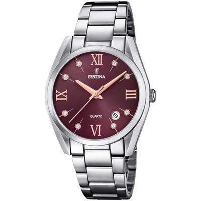 Quarzuhr FESTINA "Boyfriend Collection", silber (silberfarben, weinrot, weinrot), Armbanduhren, Damen, silberfarben, Quarzuhr, Armbanduhr, Damenuhr, Edelstahlarmband, Datum