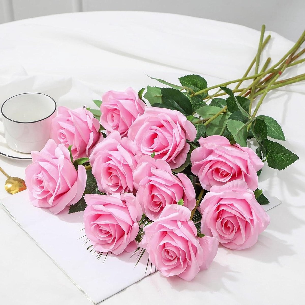 Set van 10 realistische roze zijden kunstrozen voor decoratie, 54 cm