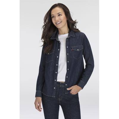 Jeansbluse LEVI'S "ESSENTIAL WESTERN", Damen, Gr. XS (34), blau (today's news), Denim/Jeans, Obermaterial: 91% Baumwolle, 9% Leinen, Basic, figurbetont hüftbedeckend, eckige 1-Knopf-Manschette mit Schlitz, Blusen Jeansbluse, mit Brusttaschen mit...