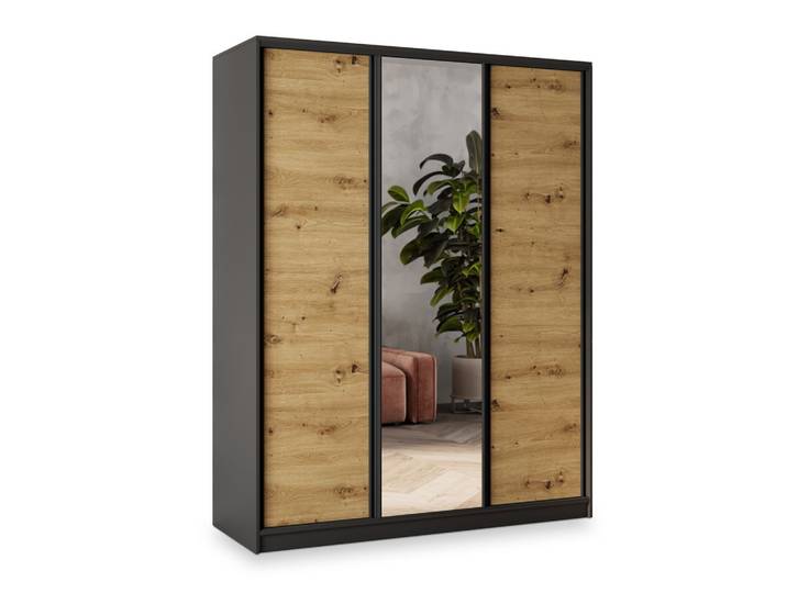 SCHWEBETÜRENSCHRANK SORE 160/205/58 cm 3-türig mit Spiegel und 4 Schubladen Schwarz