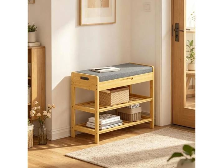 Banc A Chaussures Bambou Gris Meuble D Entree Avec Assise FloraGrace Pour Entree Compartiment Cache 68x30x50cm