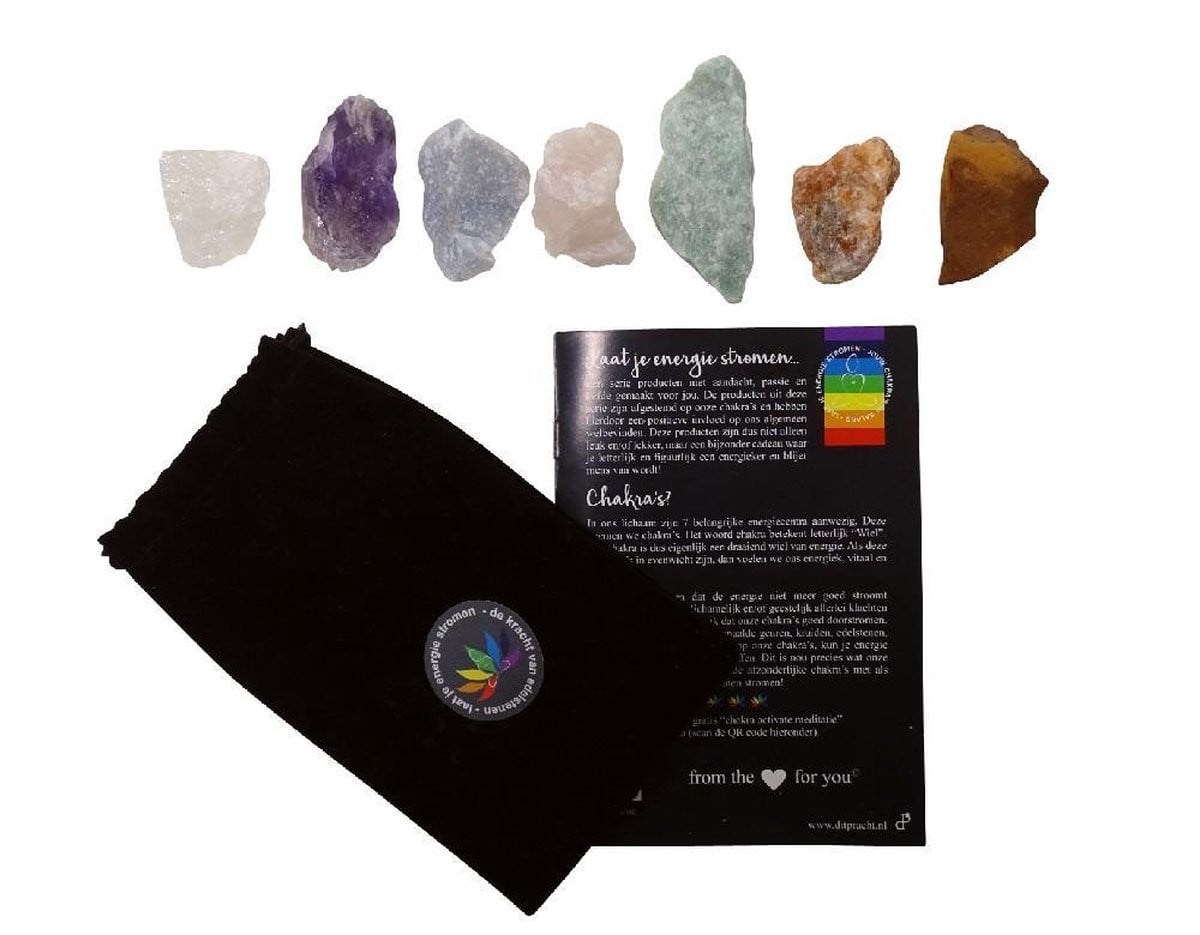 Chakra edelstenen set met 7 ruwe chakra stenen, fluwelen zakje en chakra boekje