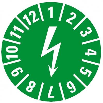 König Werbeanlagen Dreifke® Aufkleber I Prüfplakette mit Blitzpfeil, grün, Dokumentenfolie, selbstklebend, Ø15mm, 60/Bogen