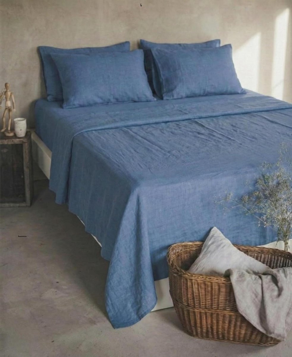 Blauw Linnen Bedlaken van 100% Stonewashed Linnen, 140 x 220 cm
