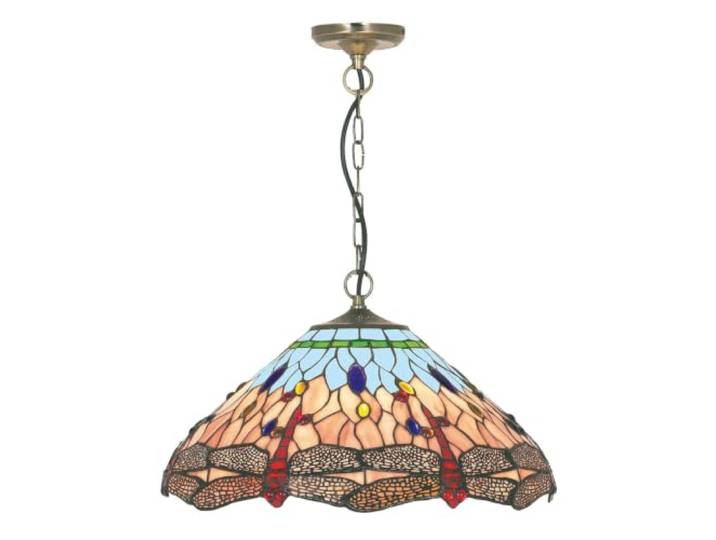 Searchlight Dragonfly - 1 Licht Hanglamp Antiek Messing, Blauw, Dragonfly Tiffany Glas, E14