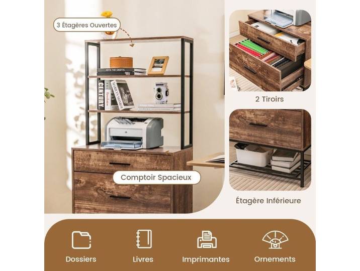 Rangement bureau optimisé caisson de bureau avec station de charge 3 étagères et 2 tiroirs pour dossiers A4