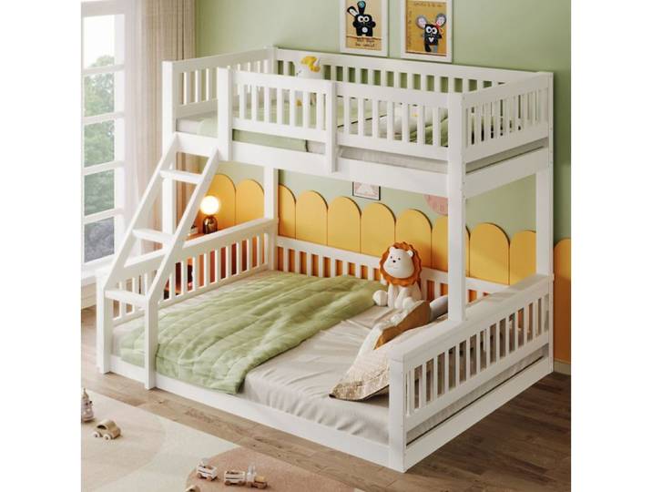 Lit superposé enfant blanc en pin échelle et garde-corps de sécurité