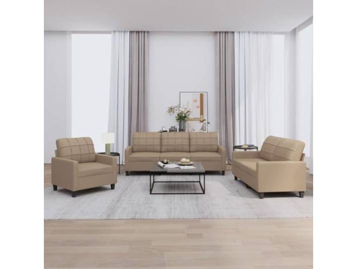 YUTAASU 3-TLG. Sofagarnitur mit Kissen, Cappuccino-Braun Kunstleder Schmutzabweisend, pflegeleicht, stabiles Sperrholz-Metall-Gestell, gepolsterte Sitzflächen, 110 kg pro Sitz