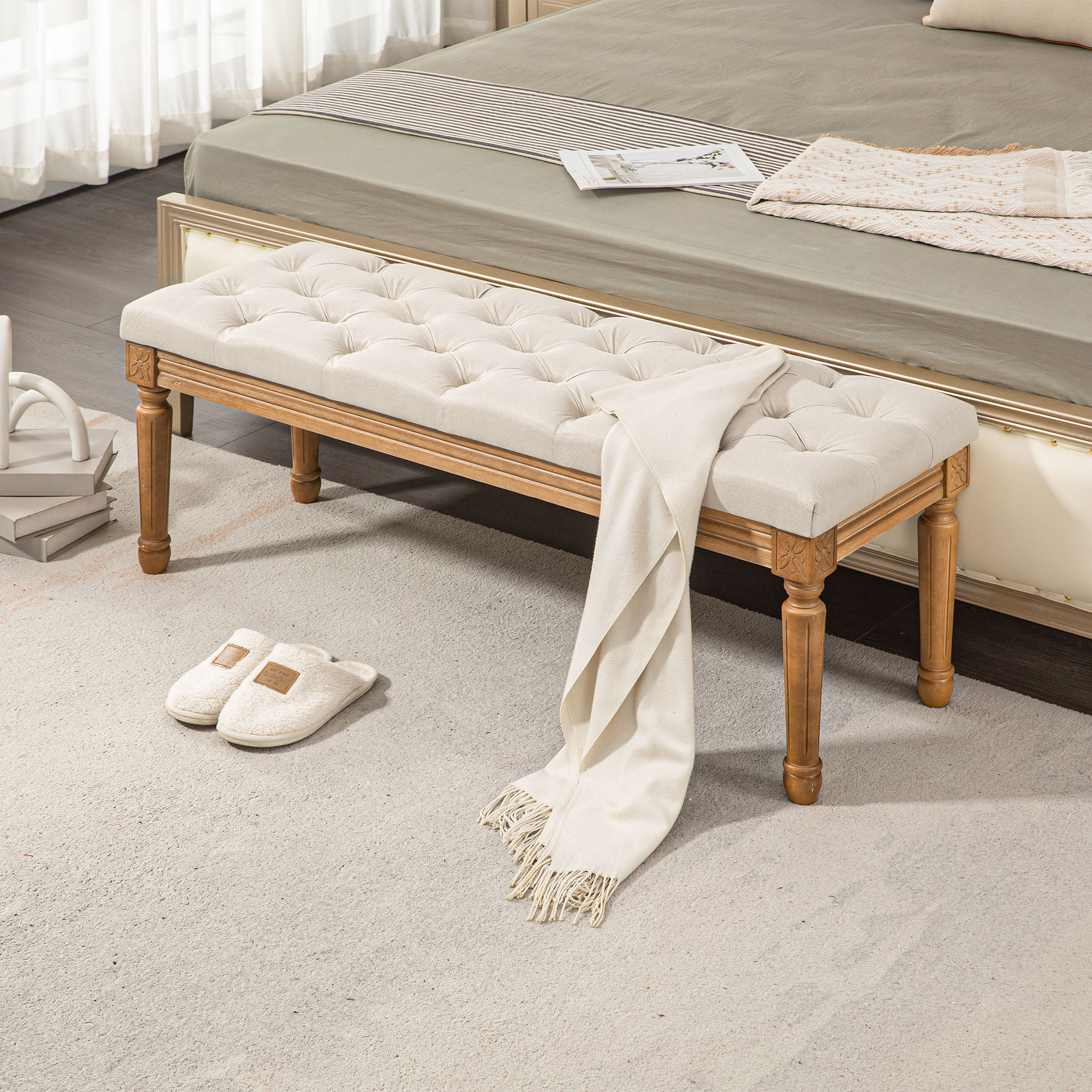 Homcom Panca Imbottita Fondoletto con Seduta Trapuntata a Bottoni in Tessuto e Legno, 120x41x48 cm, Crema   Aosom Italy