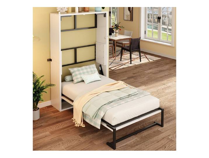 HAUSS SPOLE Klappbett 90x200 mit Metallrahmen,Wandklappbett Faltbett mit Holzplatte,Weiß (Kinderbett Einzelbett mit platzsparender Faltfunktion und stabilem Metall-Holz-Rahmen für flexible Wohnraumnutzung) mit verriegelbarer Wandbefestigung