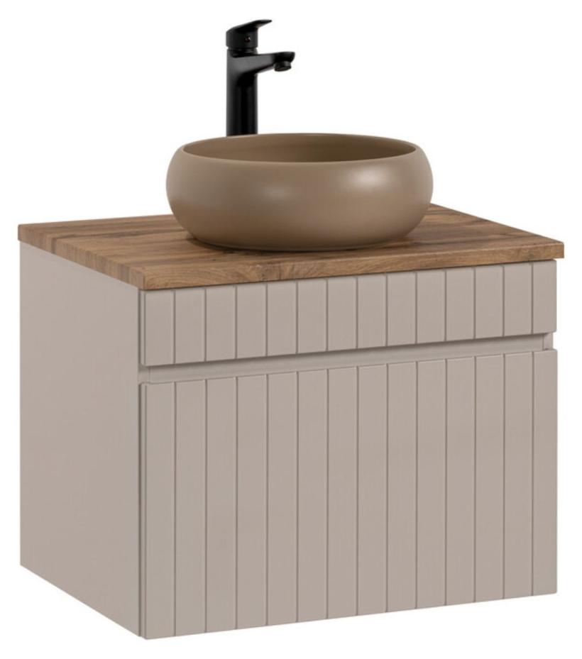 ICON-Set: Waschtischunterschrank 60cm Kaschmir + Holzoptik-Arbeitsplatte + aufsatzrunde Waschbecken