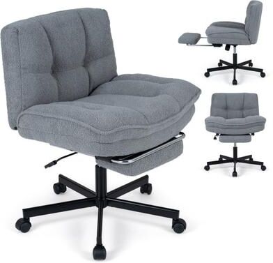 Costway Teddy Plush Office Chair with Footrest and Adjustable Height for Home Office-Gray