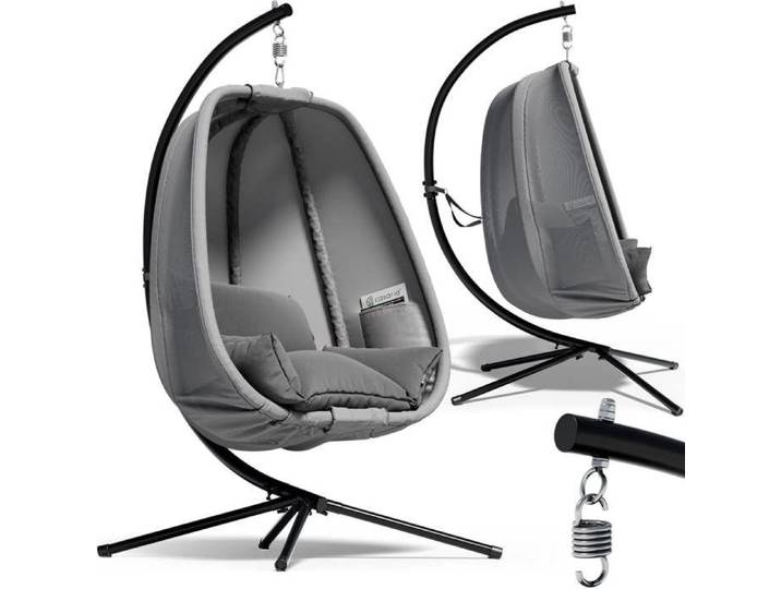 CASARIA® Fauteuil suspendu gris avec coussin structure robuste max. 150 kg intérieur extérieur poches latérales fauteuil œuf
