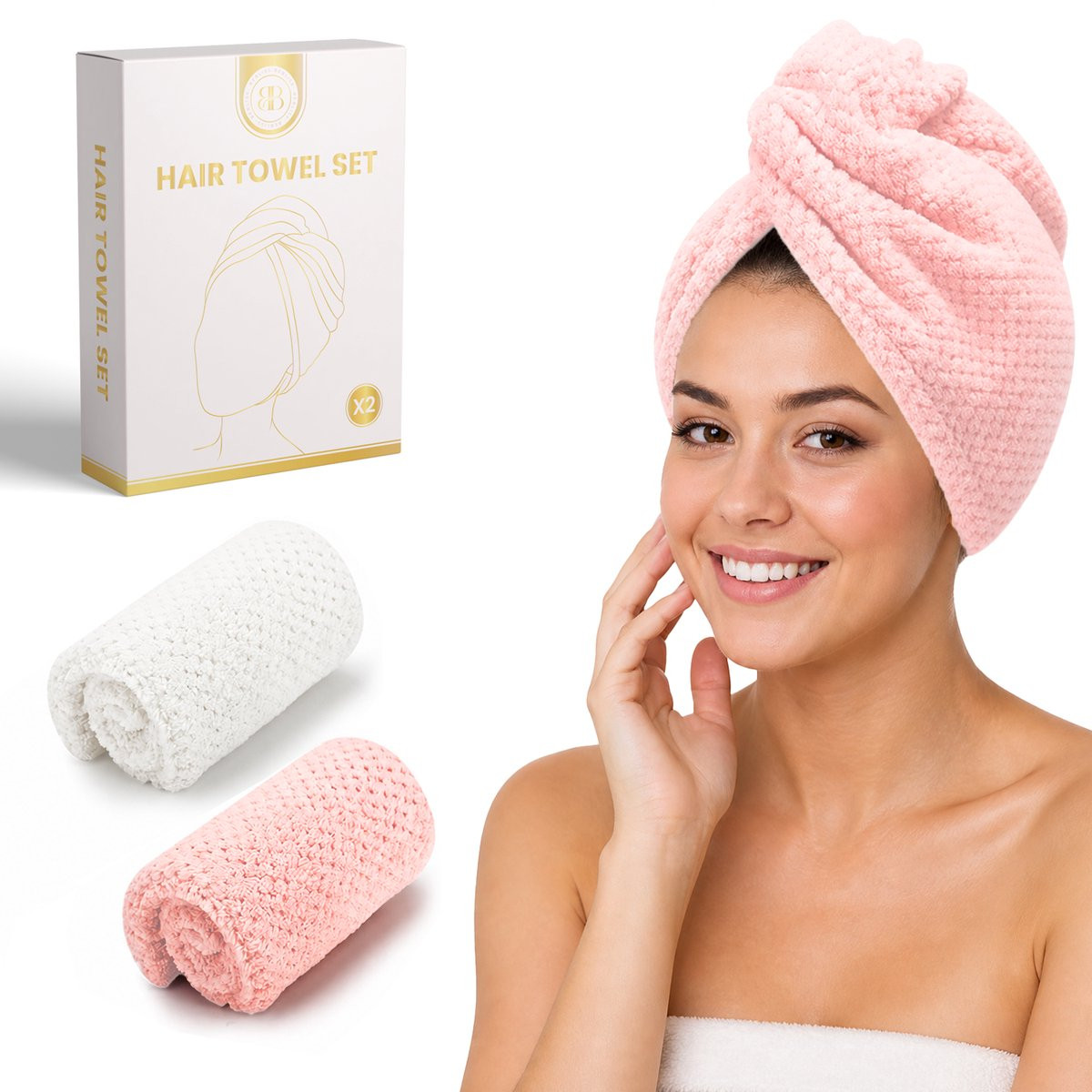 BeBliss Haarhanddoek Set van 2 - Sneldrogend Microvezel - Roze & Wit