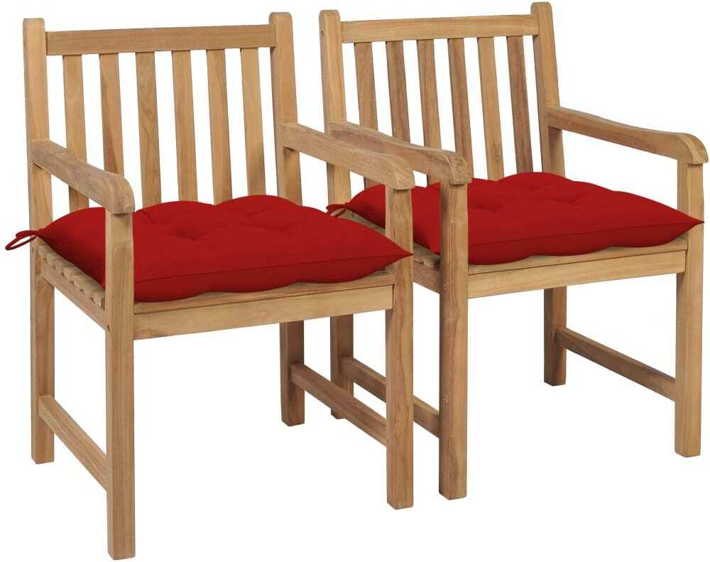 Gartenstühle 2 Stk. mit Roten Kissen Massivholz Teak