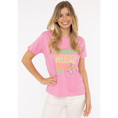 T-Shirt ZWILLINGSHERZ "Strand Meer Heimat", Damen, Gr. SM (S/M), pink, Web, Obermaterial: 92% Baumwolle, 8% Elasthan, comfort fit hüftlang, Rundhals, Shirts T-Shirt, maritimer Stickerei, Pailletten, Kurzarm, Rundhalsausschnitt