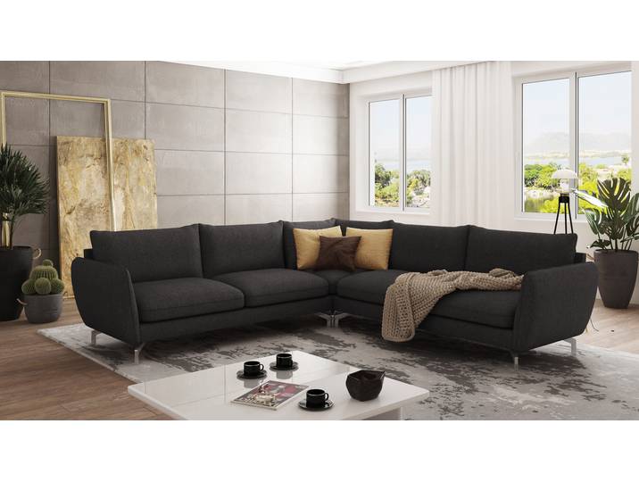S-Style Möbel Patrick - Modernes Ecksofa mit Silber Metall Füßen - Graphit