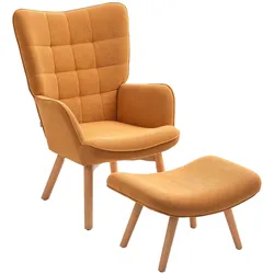 SESSEL mit Hocker, Ohrensessel mit Hoher Rückenlehne, Holzbeine, Cord, Braun