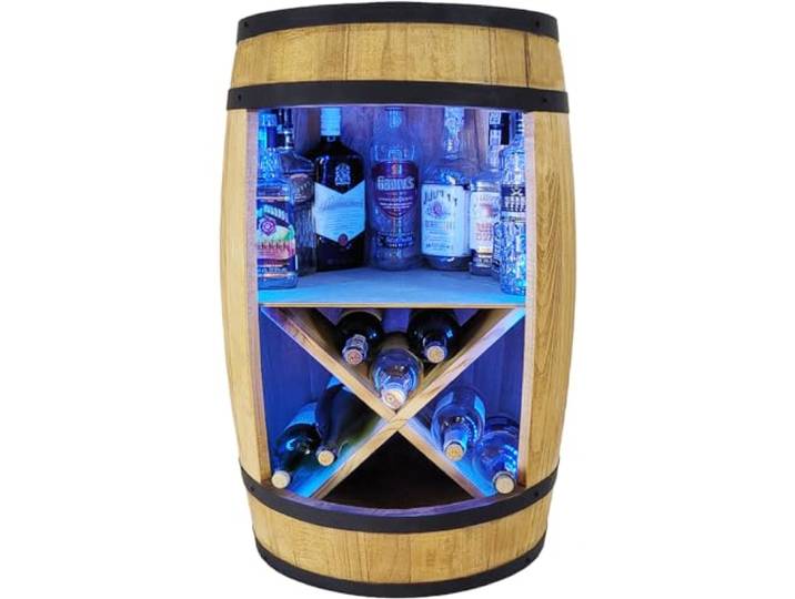 weeco Holzfass Schrank LED RGB - Weinregal Getränkeschrank - Regal für Bücher und andere Dinge Weinschrank - Fassbar Wine Rack Holzregal Deko Zimmer Modern Fass Aufbewahrungsschrank Mini Bar
