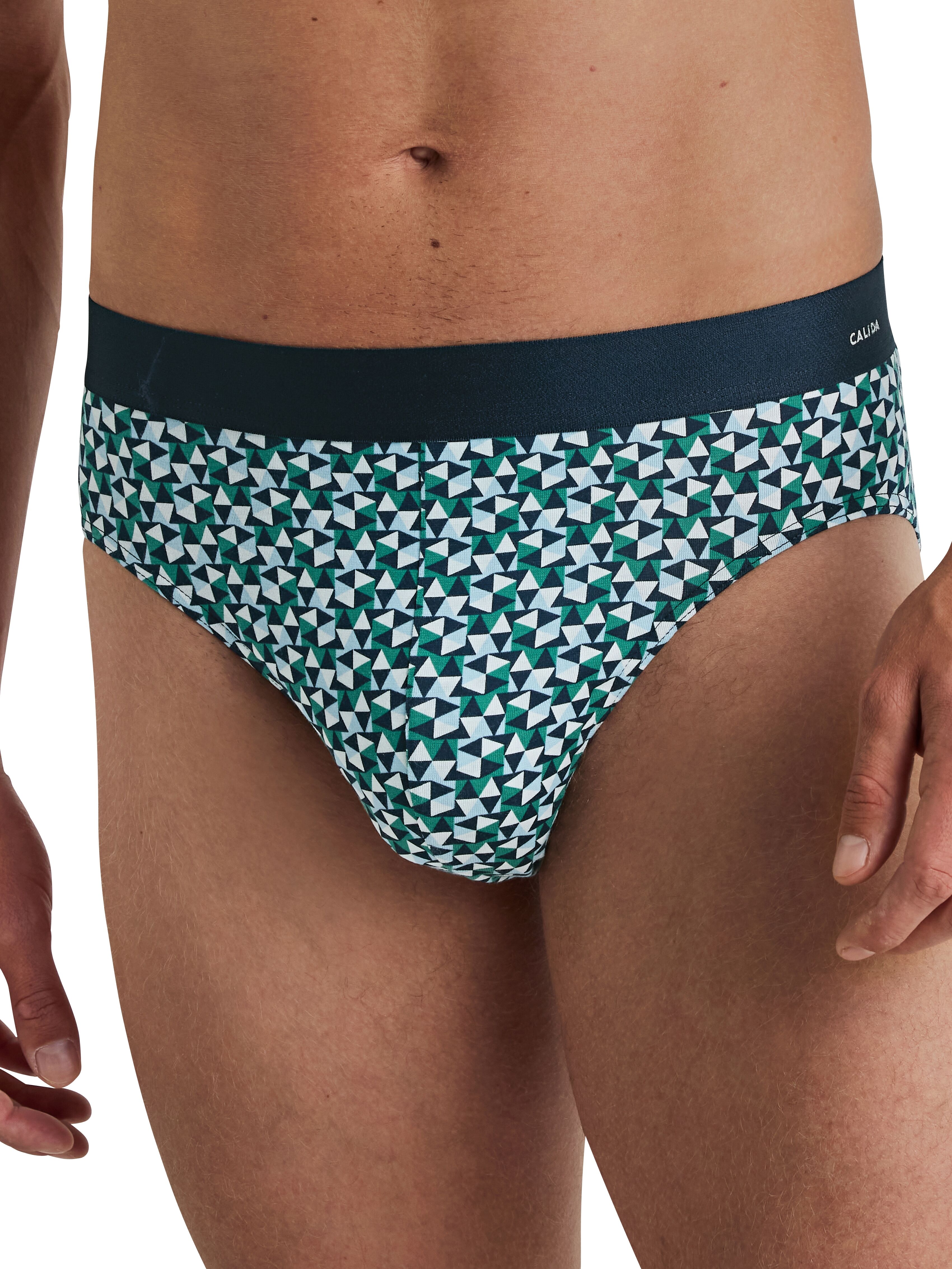Slip CALIDA "Cotton Code Design", Damen, Gr. S (46/48), Single Jersey, blau (aquamarine), Single Jersey, Obermaterial: 94% Baumwolle, 6% Elasthan, körpernah, Unterhosen Slip, weicher Elastikbund, ohne Eingriff, gemustert aquamarine S (46/48), Single Jerse