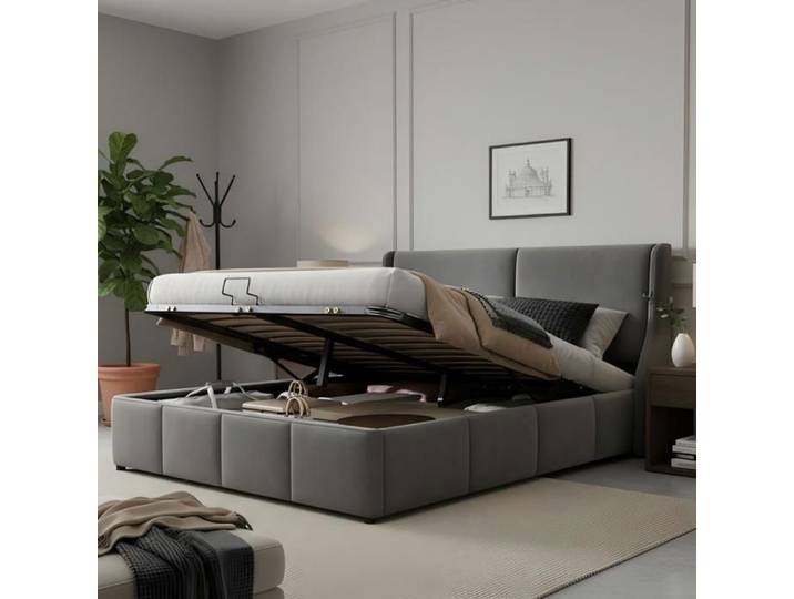 Luscriate - Lit coffre 140x200 cm Lit hydraulique Lit double rembourré tête de lit design oreilles - Gris