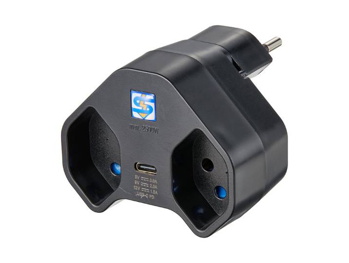 Steffen Mehrfachadapter Manta 2xT13 + 1xUSB-C drehbar 320° schwarz