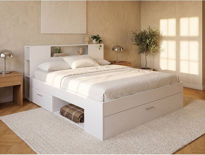 LEANDRE Bett mit Stauraum, Schubladen, Lattenrost, Matratze, 140x190 cm, Weiß, modern, umweltfreundlich