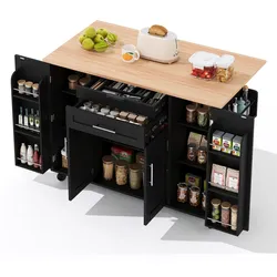 Kücheninsel 136x70x92 cm mit ausziehbarer Arbeitsplatte, versteckter Besteckschublade, höhenverstellbaren Einlegeböden, Rollen und Schwarz/Natur
